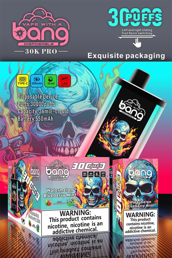 Vibrant ad for 'Vape with a Bang' 30K Pro disposable vape featuring a black-and-teal device with a flaming skull illustration, packaging labeled Watermelon Blueberry Mint, icons for Type‑C, 550mAh battery and 36mL e‑liquid with a 30,000‑puff claim, and a prominent nicotine warning.