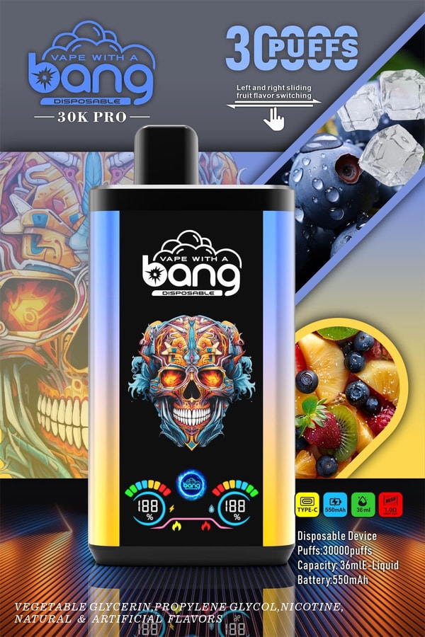Promotional image of a Bang 30K Pro disposable vape featuring a metallic gradient rectangular device with a colorful ornamental skull design, digital readouts and icons indicating 30,000 puffs, Type‑C charging, 550 mAh battery and 36 ml e‑liquid, plus fruit and ice flavor imagery and a note about sliding left and right to switch flavors.