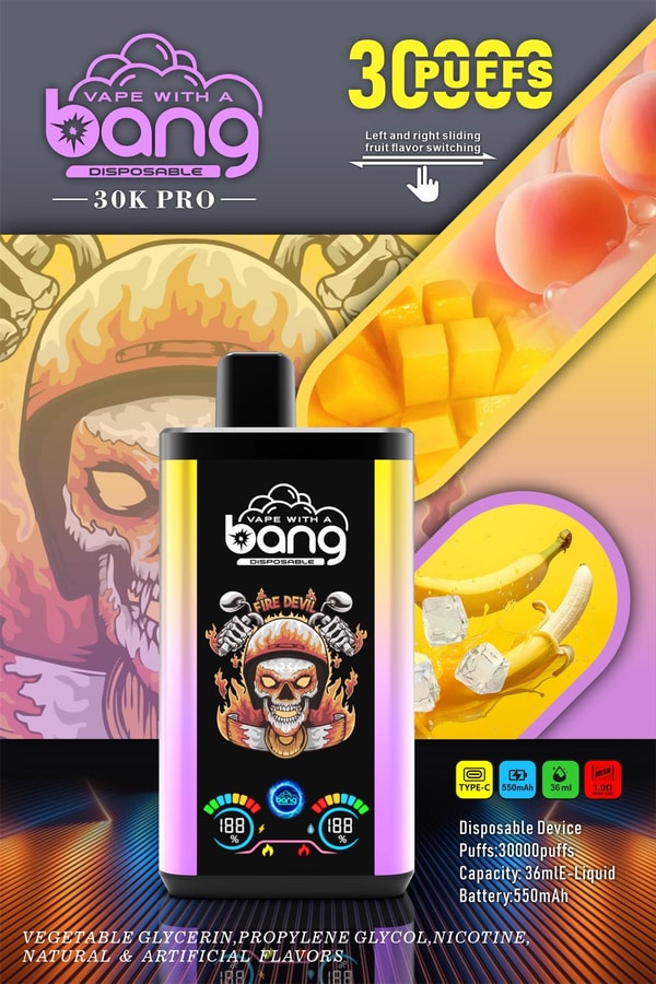Bright advertising graphic for the Bang 30K Pro disposable vape featuring a central black-and-gradient pod with the "Vape with a Bang" logo, a "3 PUFFS" headline and left-right flavor switch icon, fruit flavor artwork showing mango cubes and bananas with ice, a fiery graphic behind the device, and small icons listing Type-C, 550mAh battery, 36ml e-liquid and 30,000 puffs.