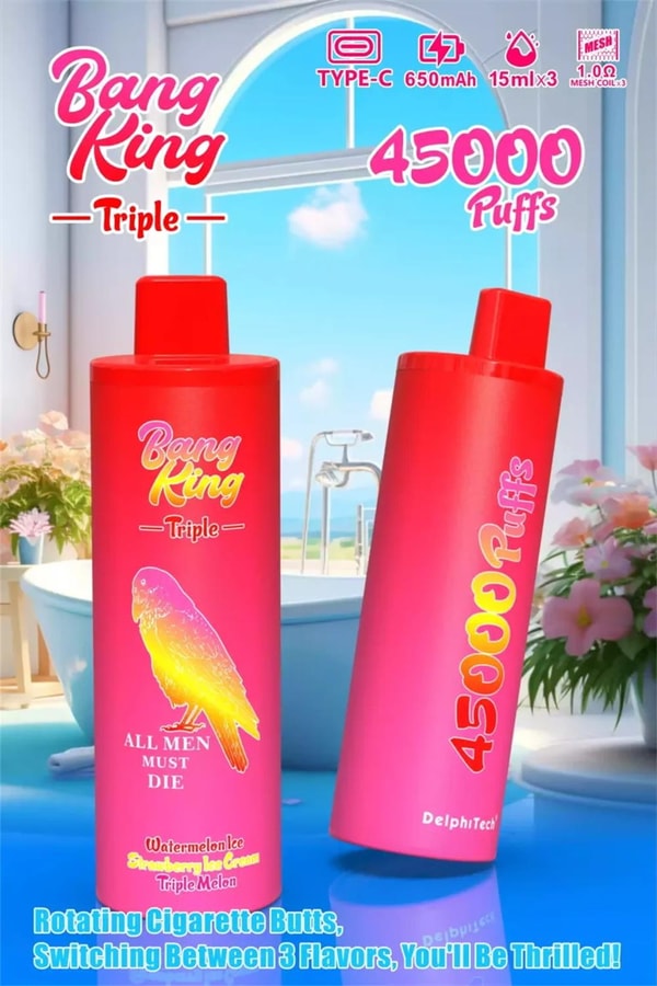 Two tall pink-red disposable vape devices labeled "Bang King Triple" and "45000 Puffs," one decorated with a yellow bird and the slogan "All Men Must Die," displayed in a bright bathroom by a window with a seaside view and flowers.