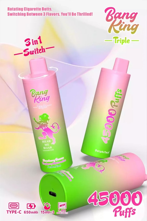 Advertisement showing three pink-to-green gradient disposable vape devices branded “Bang King Triple,” highlighting a 3-in-1 flavor switch and large “45,000 puffs” text, with small icons noting Type-C charging, 650mAh battery and 15ml×3 capacity.