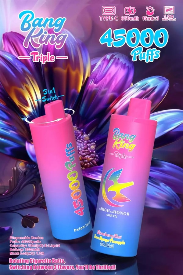 Two pink-to-blue gradient disposable vape devices labeled "Bang King Triple" fronted by bold "45,000 Puffs" and a "3‑in‑1 switch" icon, set against a vivid iridescent flower background with small icons for Type‑C charging and 650mAh battery and flavor names like Strawberry Kiwi and Sour Mango Pineapple.