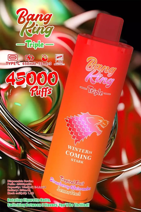 Bright orange-red disposable Bang King Triple vape device shown against a colorful abstract background, labeled 45,000 Puffs with Type‑C 650mAh battery, 15ml×3 e-liquid and mesh coil specs, featuring a wolf-head logo and the text “Winter is Coming Stark” plus listed flavors Tropical Fruit, Strawberry Watermelon and Lemon Peach.