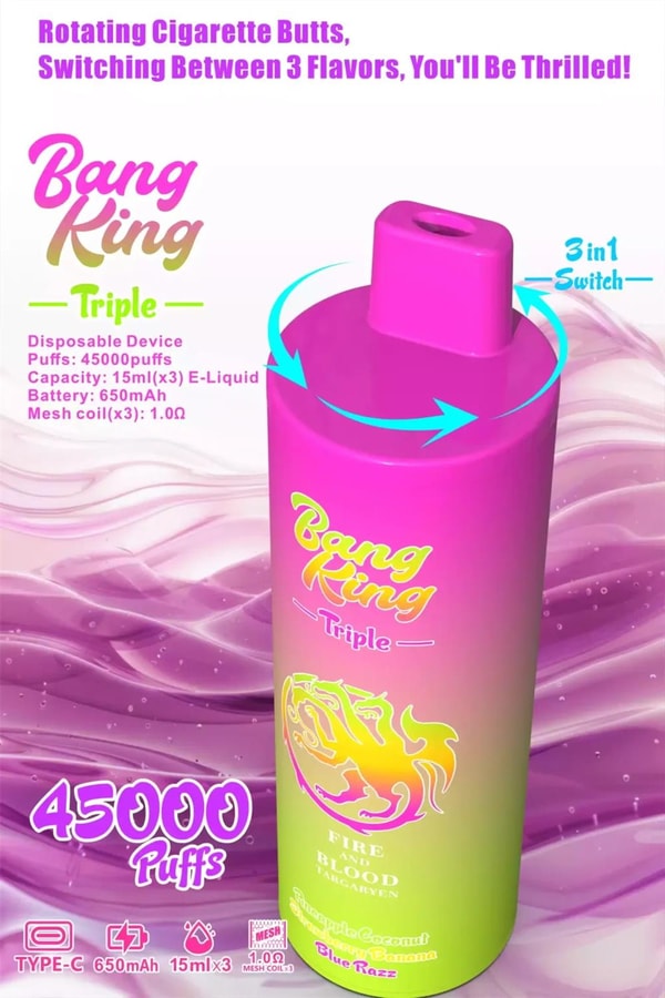 Bright pink-to-green gradient cylindrical disposable vape labeled “Bang King Triple” with a rotating 3-in-1 mouthpiece indicated by arrows and a bold “45000 Puffs” claim, shown with small specs (15ml×3 e-liquid, 650mAh battery, 1.0Ω mesh coil) on a wavy purple background.