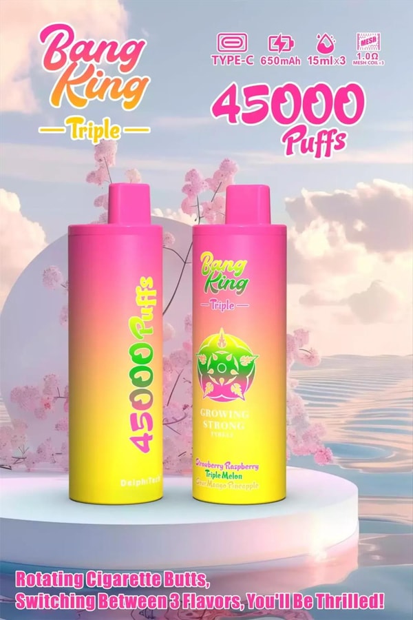 Two pink-to-yellow gradient disposable vape devices labeled Bang King Triple standing on a round white platform against a pastel sky with cherry blossoms, large 45000 Puffs text, product icons, and a tagline about rotating cigarette butts and switching between three flavors.
