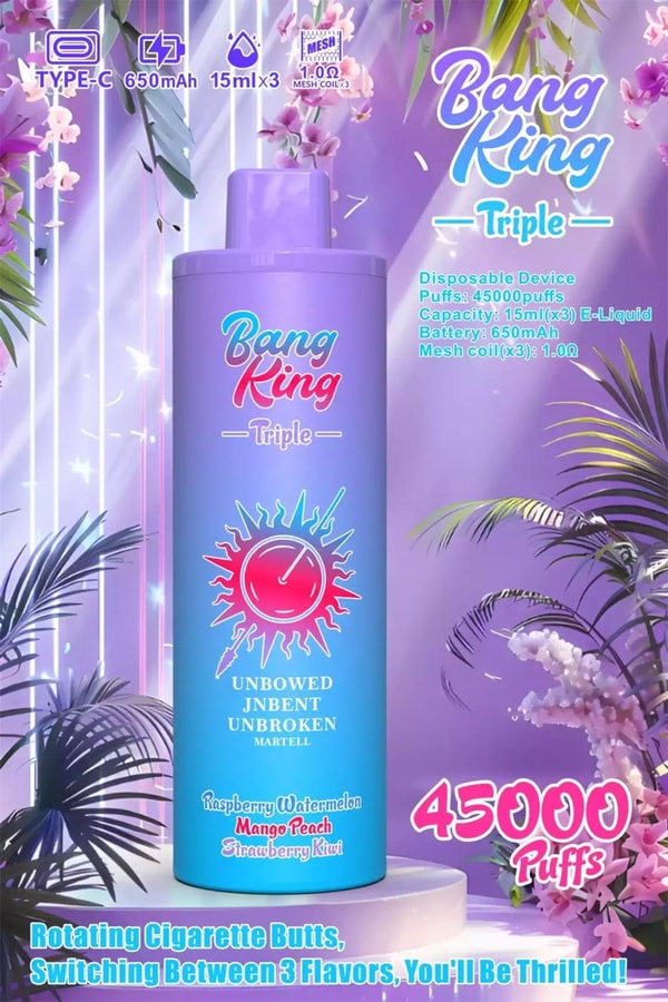 Tall purple-to-blue disposable vape device labeled "Bang King Triple" with a sun logo and listed flavors (Raspberry Watermelon, Mango Peach, Strawberry Kiwi), prominent "45000 puffs" text and product-spec icons at the top, set against a pastel purple floral backdrop with palm leaves.