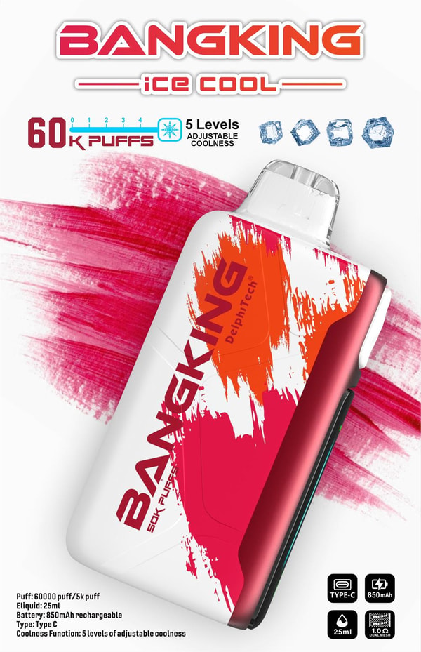 Advertising poster for the BANGKING Ice Cool disposable vape featuring a red-and-white device with bold paint-splash graphics, labeled 60K puffs, five levels of adjustable coolness with ice icons, and small product specification icons.