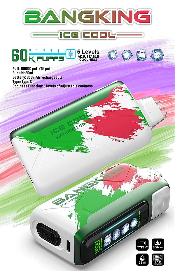 BangKing Ice Cool 電子タバコの広告ポスター。緑と赤のスイカ模様のデバイス 2 台が描かれており、60,000 パフ可能、冷たさの 5 段階調整 (氷のアイコン)、25 ml のリキッド、850 mAh の充電式バッテリー、Type-C 充電が記載されています。.