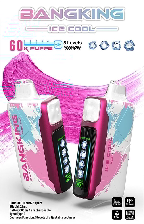 2 台のピンクと白の Banking Ice Cool ベイプ デバイス。フロント デジタル ディスプレイに 5 つの氷のアイコンが表示され、60,000 パフと 5 つの調節可能な冷たさレベルとして宣伝されており、アイス キューブのアイコンと製品仕様が描かれたピンクのペイント スワイプの背景に設定されています。.