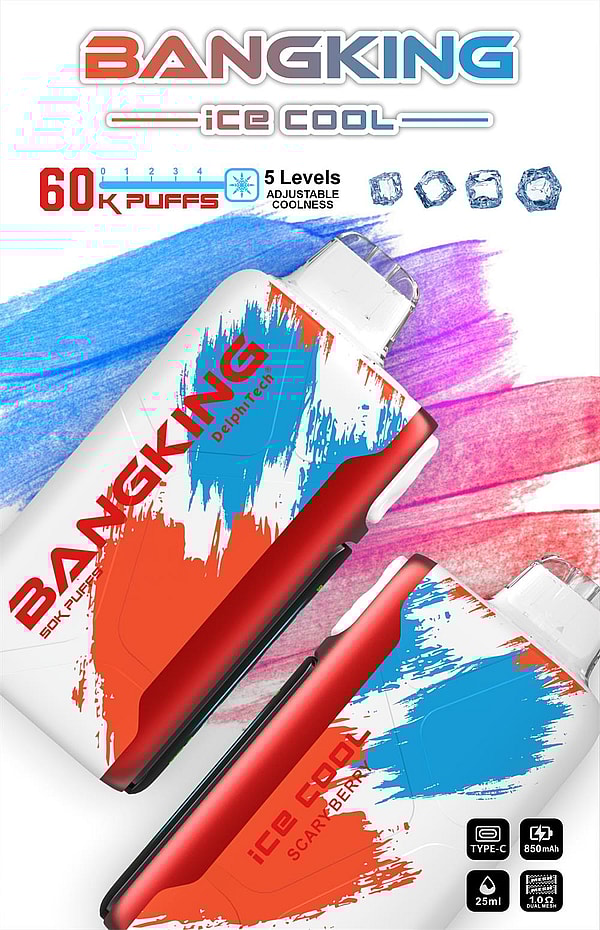 青とピンクの水彩画の背景にペイントスプラッシュグラフィックが描かれた 2 つの斜めの赤、白、青の Banking Ice Cool vape デバイス。60,000 パフを宣伝するテキストとアイコンで囲まれています。アイスキューブのアイコンで 5 つの調節可能な冷たさレベル、Type-C、850mAh バッテリー、容量 25ml、1.0Ω デュアルメッシュ。.