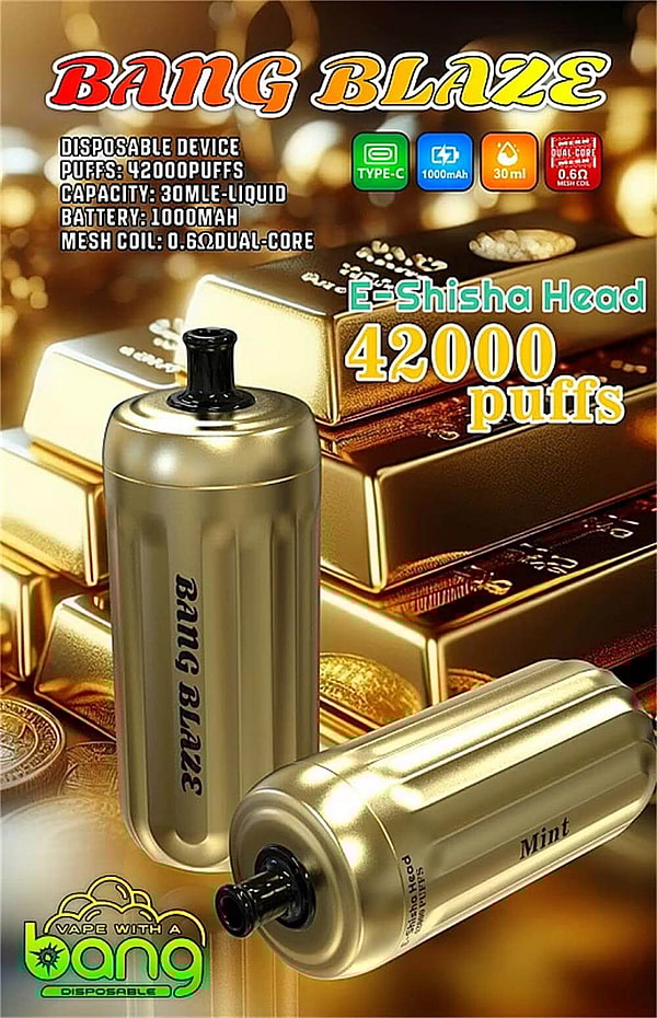 Two metallic gold cylindrical disposable vape devices labeled Bang Blaze and Mint pictured on stacked gold bars and coins, with overlaid text and icons stating Bang Blaze, E‑Shisha Head 42,000 puffs, Type‑C, 1000mAh battery, 30ml e‑liquid and 0.6Ω mesh dual‑core coil.