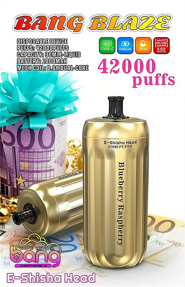 Golden cylindrical disposable vape device labeled Blueberry Raspberry standing on Euro banknotes with a teal gift bow behind it, surrounded by text and icons advertising BANG BLAZE, 42,000 puffs, 30 ml e-liquid capacity and 1000 mAh battery.