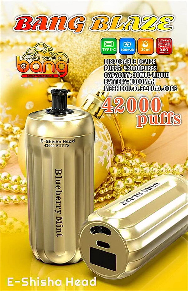Gold metallic cylindrical disposable vape device labeled "Blueberry Mint" and "E-Shisha Head 42000 PUFFS" shown alongside a second unit against a backdrop of gold baubles and beads, with prominent "BANG BLAZE" branding, large "42000 puffs" text and icons noting Type-C, 1000mAh battery and 30ml capacity.