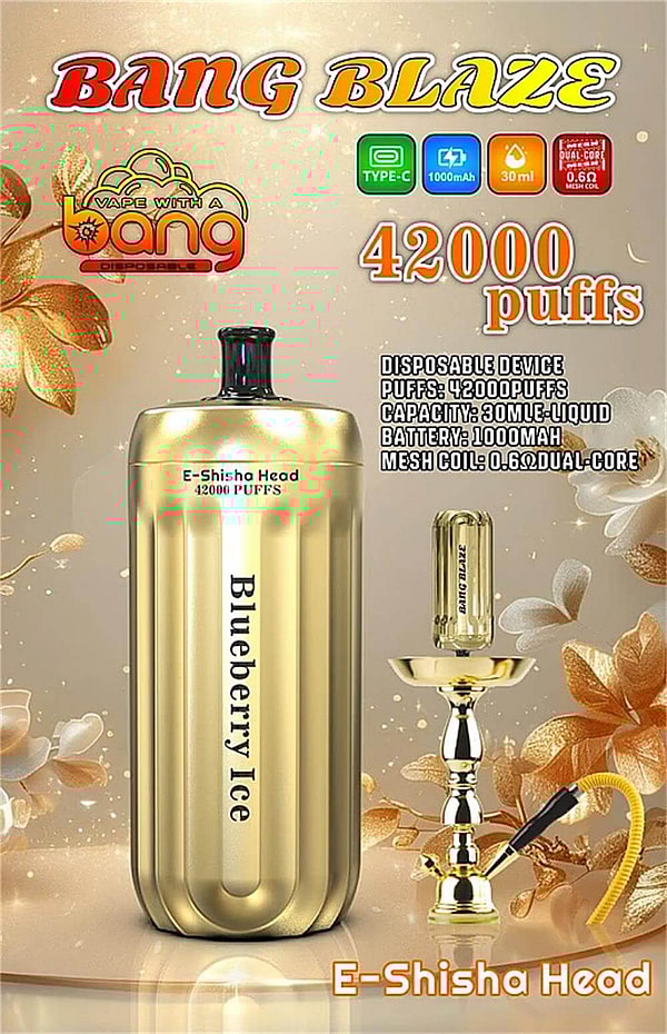 Gold cylindrical disposable vape labeled 'Blueberry Ice' pictured with a small gold hookah stand and large text 'BANG BLAZE 42000 puffs' plus icons noting Type‑C, 1000mAh battery, 30ml capacity and 0.6Ω mesh coil.