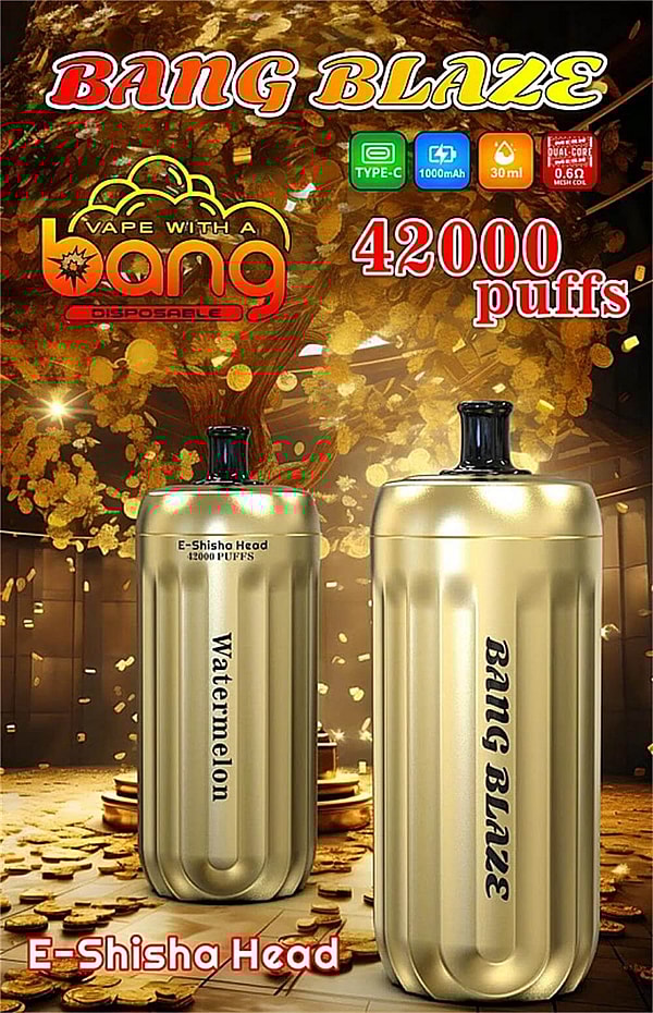 Advertisement featuring two gold, can-shaped disposable vape devices labeled 'Bang Blaze' and 'Watermelon' set against a golden coin-strewn background with a tree motif and prominent text stating '42000 puffs' and 'Vape with a Bang'.