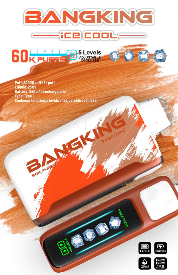 Promotional graphic for BANGKING 'Ice Cool' showing two white-and-orange vape devices with the large BANGKING logo, text '60K puffs' and '5 Levels adjustable coolness' with ice-cube icons, plus small icons noting Type-C charging, 850mAh battery and 25ml e-liquid.