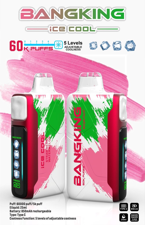Advertisement poster showing two white-and-red BANGKING “Ice Cool” vape devices with green and pink brushstroke graphics, clear mouthpieces and a side display with ice-cube icons, accompanied by text highlighting 60K puffs, five adjustable coolness levels and strawberry watermelon flavor.