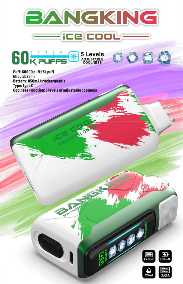 Advertisement poster for BangKing Ice Cool vape showing two green-and-red watermelon‑patterned devices, with text noting 60K puffs, 5 levels of adjustable coolness (ice icons), 25 ml e-liquid, 850 mAh rechargeable battery and Type‑C charging.