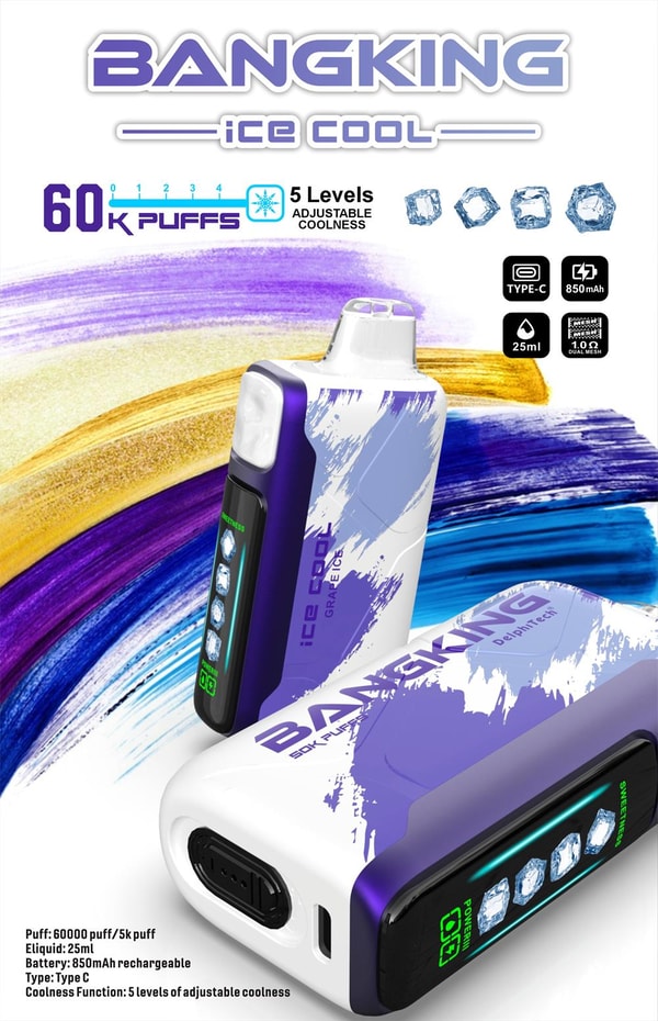 Advertisement showing two white-and-purple BANGKING Ice Cool vape devices on colorful purple and gold brushstroke background, with prominent text '60K puffs', '5 levels adjustable coolness' and ice-cube icons, plus small icons indicating Type-C charging, 850 mAh battery, 25 ml e-liquid and 1.0Ω dual mesh specs.