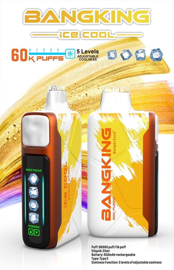 Advertisement showing two white-and-orange BANGKING “Ice Cool” vape devices against a yellow brushstroke background, highlighting 60K puffs, five adjustable coolness levels with ice icons, and a device display with power indicators.
