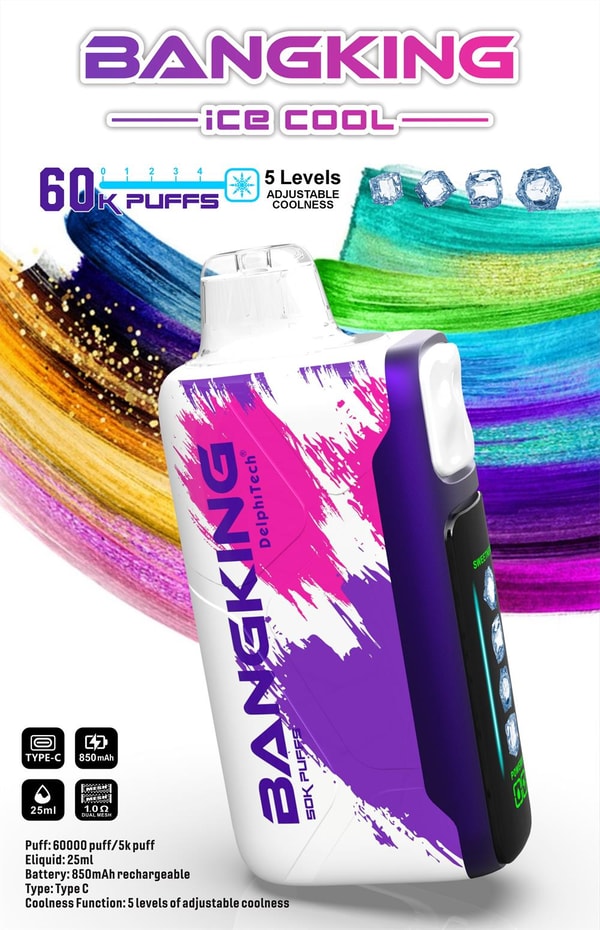 Colorful close-up of a BangKing Ice Cool disposable vape device with pink and purple brushstroke graphics, a clear mouthpiece and side display, shown against a multicolored painted background with icons indicating 60K puffs, Type‑C charging, 850mAh battery, 25ml e‑liquid and five levels of adjustable coolness.