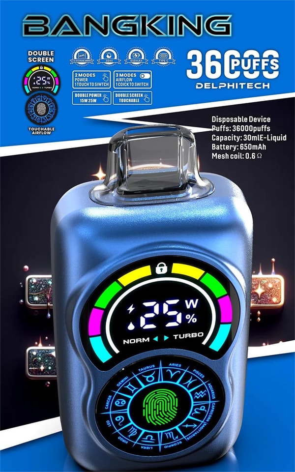 Promotional close-up of a metallic blue Bangking disposable vape device featuring a colorful dual circular touchscreen (showing 25W and battery/airflow indicators) with a fingerprint touch control, surrounded by text and icons advertising 36,000 puffs, 30 mL e-liquid capacity, 650 mAh battery and a 0.6 Ω mesh coil.