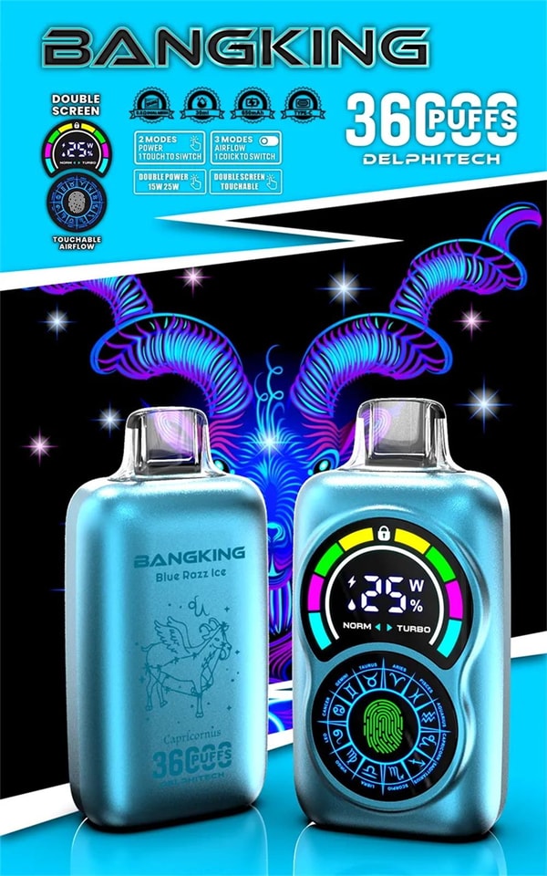 Two metallic blue BANGKING vape devices—one showing the back engraved "Blue Razz Ice" with a Capricorn goat illustration and the other displaying a colorful circular digital screen reading "25 W" with a fingerprint icon and touchable airflow graphics—set against a neon goat artwork and a turquoise header advertising BANGKING and 36000 puffs Delphitech.