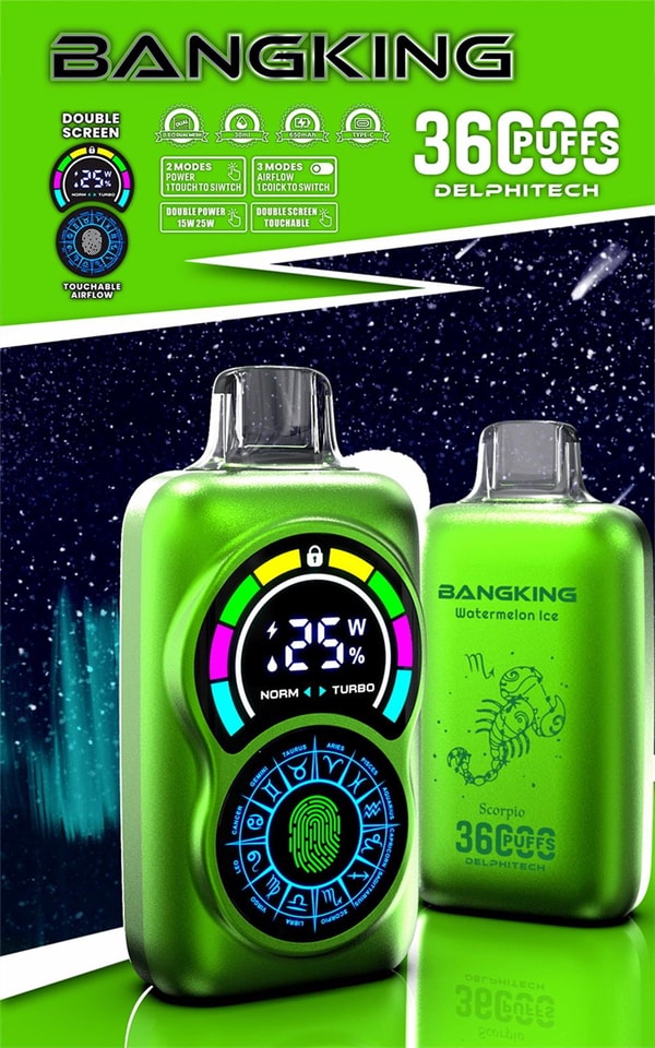 Green Bangking vape device and matching pod packaging with a colorful circular dual-screen display, fingerprint-touch ring, and branding reading ‘36 puffs,’ ‘Watermelon Ice’ and ‘Scorpio’ against a starry background.