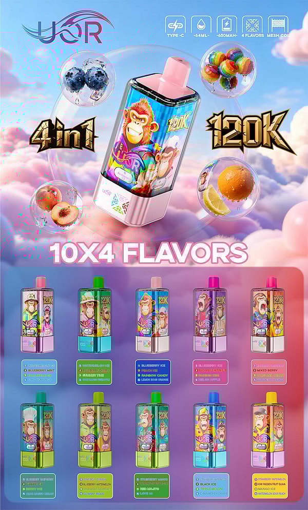 Bright, cloud-filled advertisement for a disposable vape featuring a pink-topped rectangular pod with a colorful cartoon monkey label, large "4in1" and "120K" badges and "10X4 FLAVORS" text, surrounded by fruit bubbles and smaller panels showing multiple flavor combinations.