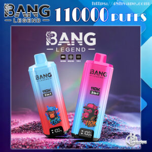 大きな Bang Legend ロゴと「110000 パフ」の見出しの下の光沢のある表面に、漫画の猿のロゴと小さなデジタル ディスプレイが付いた 2 つのカラフルなグラデーションの Bang Legend 使い捨て電子タバコ デバイス。.